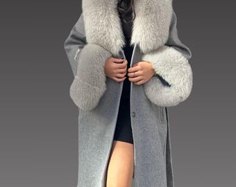 Alpacan Coat With Fox Fur a Fox Fur Jacket - Women Alpaca Coat - Long Alpaca Jacket . Fur Coat - Collar Fur Color Dark Gray - Real Fox Fur