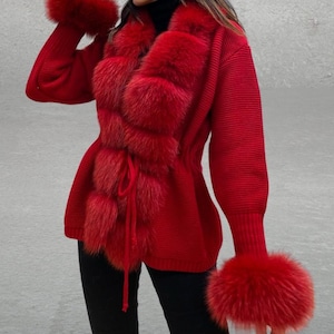 Frauen Pelzjacke - Echter Fuchspelz - Rote Farbe Mantel - Frauen Pelz - Frauen Pelz - Fuchs Pelz - Gestrickte Modell Frauen Jacke -