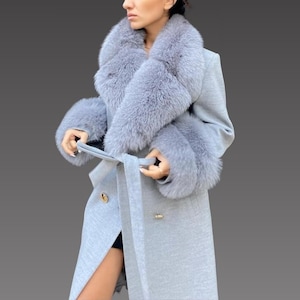 Women Cashmere Winter Coat with Fox Fur Trim – Luxury Outerwear for Women - Light Gray women coat - Luxury fur coat - Elegant fur coat