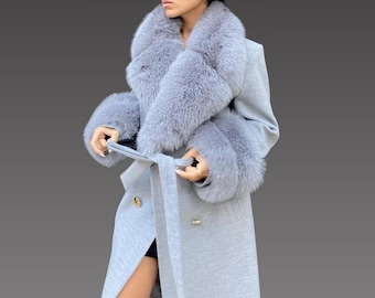 Women Cashmere Winter Coat with Fox Fur Trim – Luxury Outerwear for Women - Light Gray women coat - Luxury fur coat - Elegant fur coat