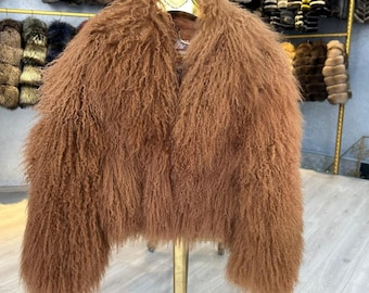 Light Brown Coat Mongolian Curly Jacket - Real Tibetan Lamb Fur Coat - Shaggy Coat - Tibetan Fur Coat - Real Fur