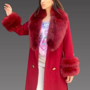 Cashmere women jacket - fox fur collar and cuffs - red women coat - red cashmere coat - fox fur jacket - women long coat