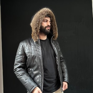 Men&#39;s fox fur jacket  - Men fox Coat with Hood - Fur Jacket- Fox Fur Jacket-Men elegance jacket - Men fox jacket -