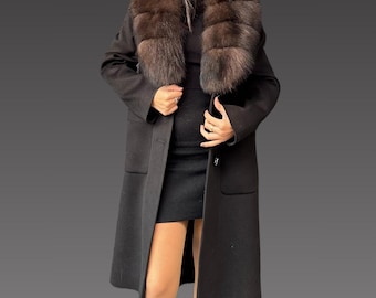 Cashmere Women Jacket - Fox Fur Collar  - Women Coat - Luxurious Cashmere Coat With Fox Fur Colla - Women Long Coat