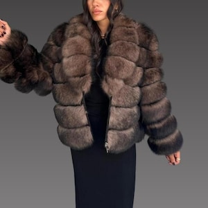 Women Real Fox Fur -  Removable Sleeves Fox Fur Jacket-  Premium Quality Fur -  Women Sable  Color Fox Fur Jacket -  Women Gift