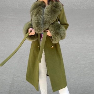 Cashmere women jacket - fox fur collar and cuffs - green women coat - green cashmere coat - fox fur jacket - women long coat