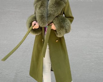 Cashmere women jacket - fox fur collar and cuffs - green women coat - green cashmere coat - fox fur jacket - women long coat