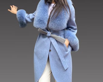 Alpacan Coat With Fox Fur a Fox Fur Jacket - Women Alpaca Coat - Long Alpaca Jacket . Fur Coat - Real Fox Fur Jacket -
