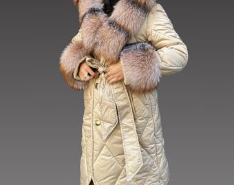 Women Bomber Frost Fur Jacket - Frost Fox Removable Cuffs And Hood  - Women Fur Coat - Long Fox Fur Jacket - Waterproof Bomber Jacket -