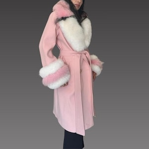 Women cashmere jacket -  women fox fur - fox fur collar and cuffs - pink and white color - women coat - pink cashmere coat - fox fur jacket