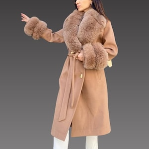 Cashmere women jacket - Fox fur collar and cuffs -  Light brown women coat - Luxurious Cashmere Coat with Fox Fur Colla - Women long coat