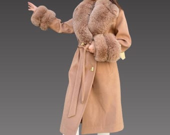 Cashmere women jacket - Fox fur collar and cuffs -  Light brown women coat - Luxurious Cashmere Coat with Fox Fur Colla - Women long coat