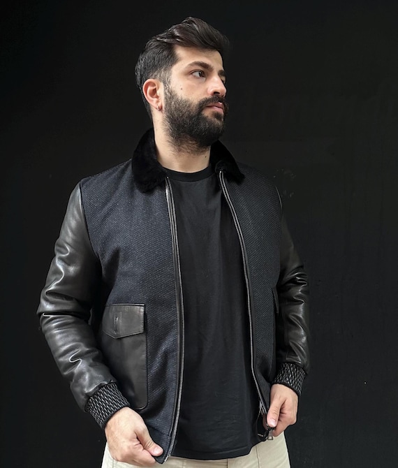 Herren Pelzjacke Handgefertigte Kaschmir Jacke mit Schaffell