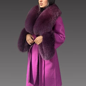 Alpacan Coat With Fox Fur a Fox Fur Jacket - Women Alpaca Coat - Long Alpaca Jacket - Fur Coat - Collar Fur Color Dark Purple.