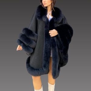 Cashmere Women Cape - Cashmere Fox Fur Cape -  Oversize Trim Shawl Women Fox Fur Cape - Black Shawl with Fox Fur -