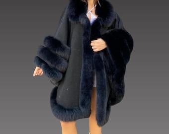 Cashmere Women Cape - Cashmere Fox Fur Cape -  Oversize Trim Shawl Women Fox Fur Cape - Black Shawl with Fox Fur -