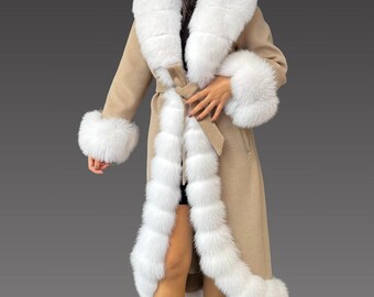 Women Coat - Cashmere Long Coat With Fox Fur Collar and Fox Cuffs - Cashmere Coat Genuine Fox Fur-Quality Real Fur Jacket - Women Fur Jacket