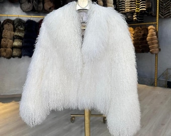 White Coat Mongolian Curly Jacket - Real Tibetan Lamb Fur Coat,Shaggy Coat - Tibetan Fur Coat - Real Fur