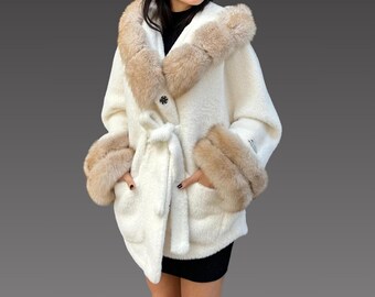 Women Fur Jacket - Alcantara Fox Fur Jacket - Alcantara Coat - Blue Fox Fur Hood And Cuffs - Real Fur - Best Gift -