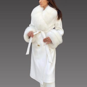 Cashmere women jacket - fox fur collar and cuffs - white women coat - white cashmere coat - fox fur jacket - women long coat