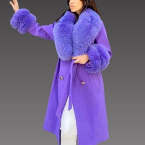 Cashmere women jacket - fox fur collar and cuffs - purple women coat - purple cashmere coat - fox fur jacket - women long coat