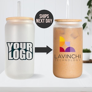 Custom Frosted Glass Iced Coffee Cup Corporate Gift Idea Small Business Owner Your Logo Here Business Swag Marketing Gift Corporate Bulk