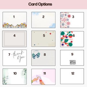 May include: Twelve different card designs for a variety of occasions. The designs include floral, geometric, wintery, and abstract patterns. Some cards have text, such as "Thank You" and "Your Logo".