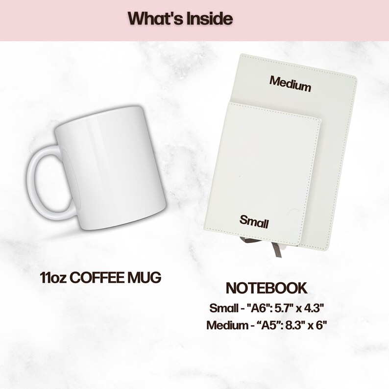 May include: A white 11oz coffee mug and a white notebook. The notebook is available in two sizes: small, measuring 5.7 inches by 4.3 inches, and medium, measuring 8.3 inches by 6 inches.