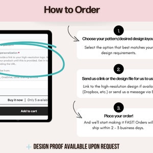 Pode incluir: Uma captura de tela de um site mostrando como encomendar um produto personalizado. As etapas incluem escolher um padr&atilde;o, enviar um arquivo de design e fazer um pedido. O texto "DESIGN PROOF AVAILABLE UPON REQUEST" est&aacute; na parte inferior da imagem.