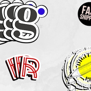 May include: Four black and white stickers with the letter "G" in a stylized font. A red and white sticker with the letters "VR" in a stylized font. A yellow and black sticker with the text "DIGITAL PENCIL" and "SINCE 2000" in a circle. A black sticker with the text "FAST SHIPPING" in white.