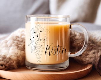Birth Flower Mug Customizable Mug Birth Month Flower Personalized Glass Mug Clear Coffee Mug Floral Glass Mug Birthday Gift New Mom Gift