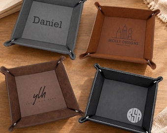 Personalized Leather Valet Tray Custom Engraved Catchall Tray Leather Jewelry Dish Corporate Gift for Him Monogram Heirloom Desk Organizer