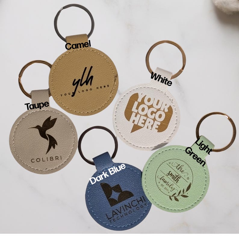 Puede incluir: Una colecci&oacute;n de llaveros redondos en varios colores, incluyendo camel, taupe, blanco, azul oscuro y verde claro. Cada llavero presenta un logotipo o texto diferente, como "YOUR LOGO HERE" y "The Smith Family".