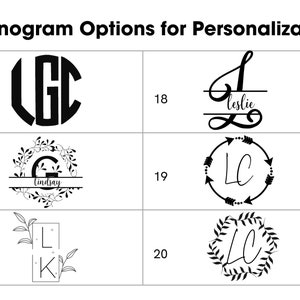 Pode incluir: Um gr&aacute;fico mostrando 5 op&ccedil;&otilde;es de monograma diferentes para personaliza&ccedil;&atilde;o. As op&ccedil;&otilde;es incluem um monograma cl&aacute;ssico, um monograma com uma coroa de flores, um monograma com um nome, um monograma com flechas e um monograma com uma coroa.