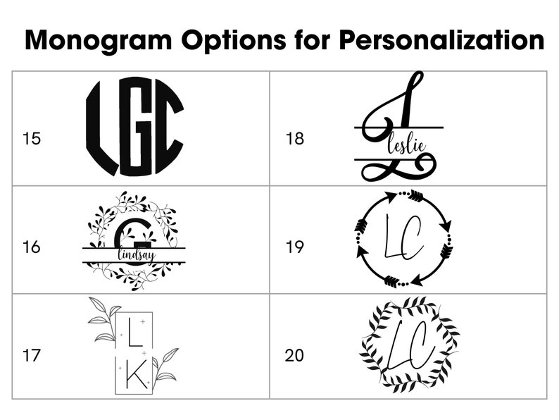 Pode incluir: Um gr&aacute;fico mostrando 5 op&ccedil;&otilde;es de monograma diferentes para personaliza&ccedil;&atilde;o. As op&ccedil;&otilde;es incluem um monograma cl&aacute;ssico, um monograma com uma coroa de flores, um monograma com um nome, um monograma com flechas e um monograma com uma coroa.