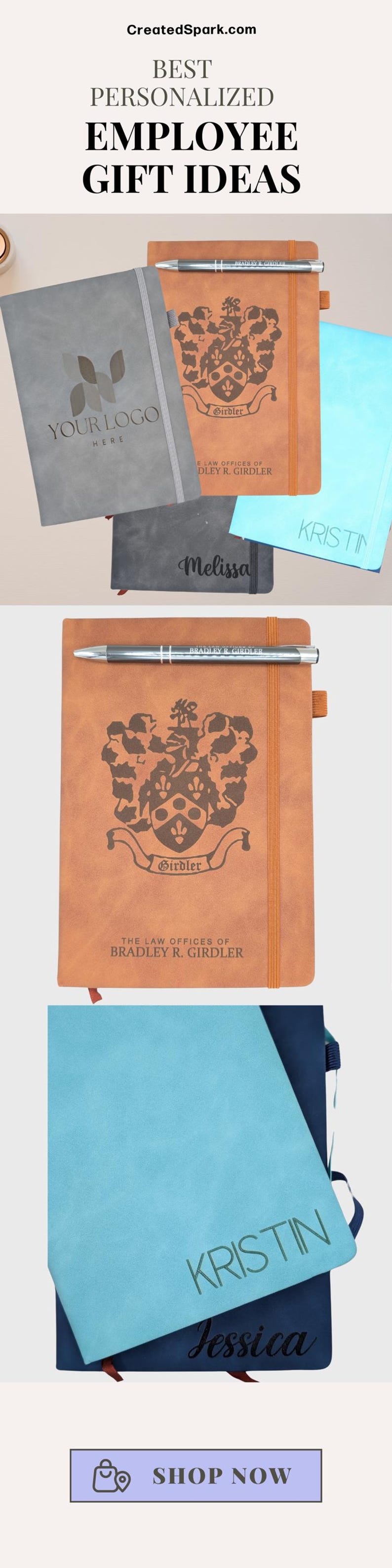 May include: Three personalized leather-bound journals with different designs. The first journal is gray with a geometric logo and the text "YOUR LOGO HERE". The second journal is brown with a crest and the text "THE LAW OFFICES OF BRADLEY R. GIRDLER". The third journal is blue with the text "KRISTIN".