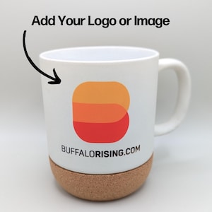 May include: White ceramic mug with a cork base. The mug has a red, orange, and yellow logo with the text "BUFFALORISING.COM".