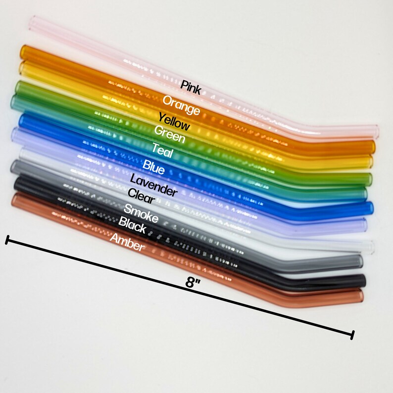 May include: A set of 12 glass drinking straws in various colors, including pink, orange, yellow, green, teal, blue, lavender, clear, smoke, black, and amber. The straws are 8 inches long and have a slight bend at the top.