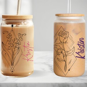 Personalized Glass with Name Gift for Mom Custom Coffee Mug Floral Design with Birth Flower Cup Flower Glass Tumbler Bridesmaid Gift