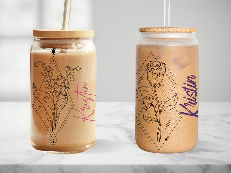Personalized Glass with Name Gift for Mom Custom Coffee Mug Floral Design with Birth Flower Cup Flower Glass Tumbler Bridesmaid Gift