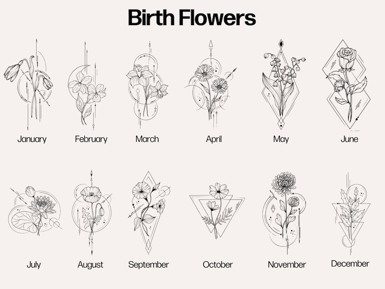 May include: A black and white illustration of birth flowers for each month of the year. January: Snowdrop, February: Violet, March: Daffodil, April: Daisy, May: Lily of the Valley, June: Rose, July: Water Lily, August: Poppy, September: Morning Glory, October: Cosmos, November: Chrysanthemum, December: Holly.
