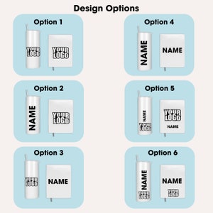 Pode incluir: Seis op&ccedil;&otilde;es de design para um copo personalizado e uma bolsa de m&atilde;o combinando. As op&ccedil;&otilde;es incluem diferentes coloca&ccedil;&otilde;es do texto "NAME" e "YOUR LOGO" no copo e na bolsa de m&atilde;o.