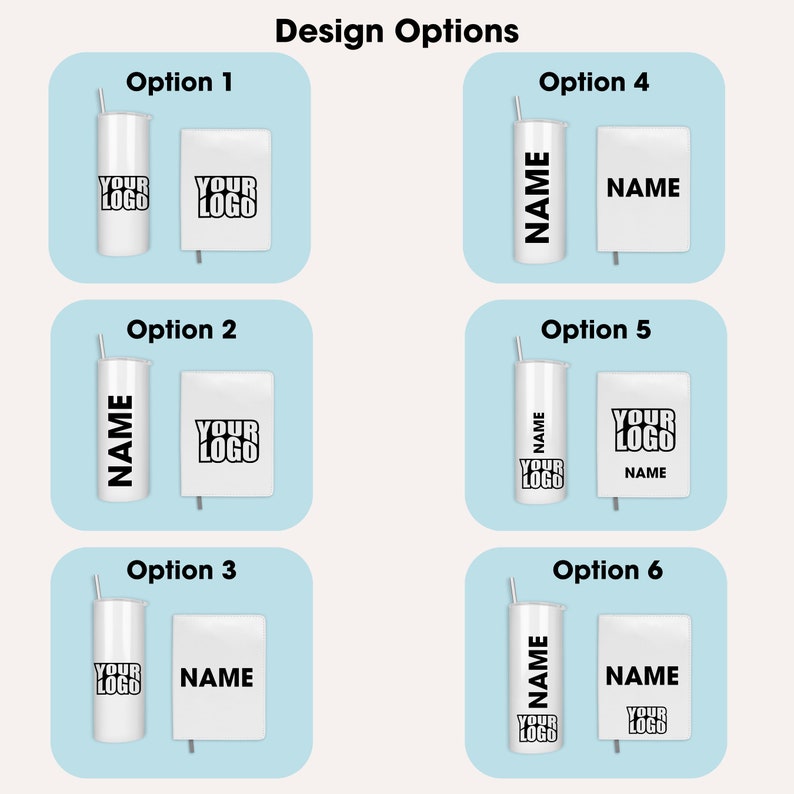 Pode incluir: Seis op&ccedil;&otilde;es de design para um copo personalizado e uma bolsa de m&atilde;o combinando. As op&ccedil;&otilde;es incluem diferentes coloca&ccedil;&otilde;es do texto "NAME" e "YOUR LOGO" no copo e na bolsa de m&atilde;o.