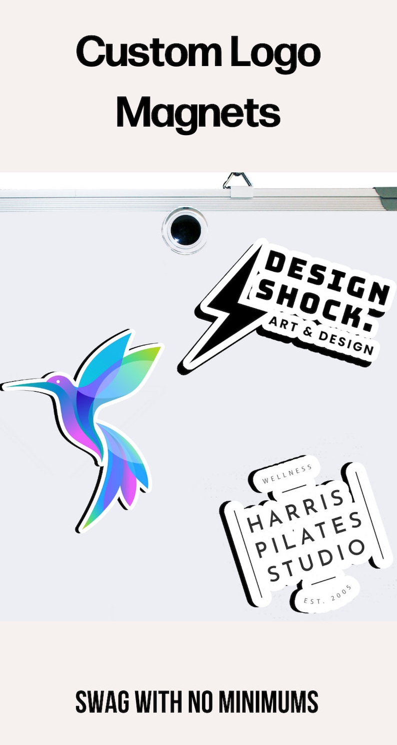 May include: Three custom logo magnets. The first magnet is a black and white lightning bolt with the text "DESIGN SHOCK ART & DESIGN". The second magnet is a colorful hummingbird. The third magnet is a black and white rectangle with the text "WELLNESS HARRIS PILATES STUDIO EST. 2005".