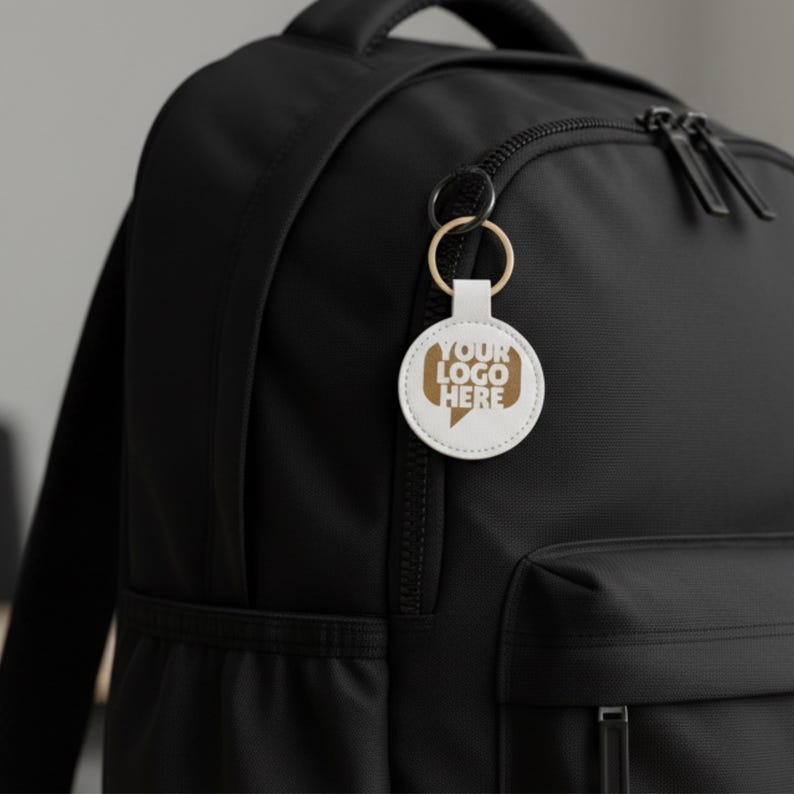 Puede incluir: Un llavero blanco y redondo con el texto "YOUR LOGO HERE" en un dise&ntilde;o de bocadillo marr&oacute;n, sujeto a un anillo dorado. El llavero cuelga de una mochila negra.