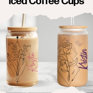 Personalized Glass with Name Gift for Mom Custom Coffee Mug Floral Design with Birth Flower Cup Flower Glass Tumbler Bridesmaid Gift Active