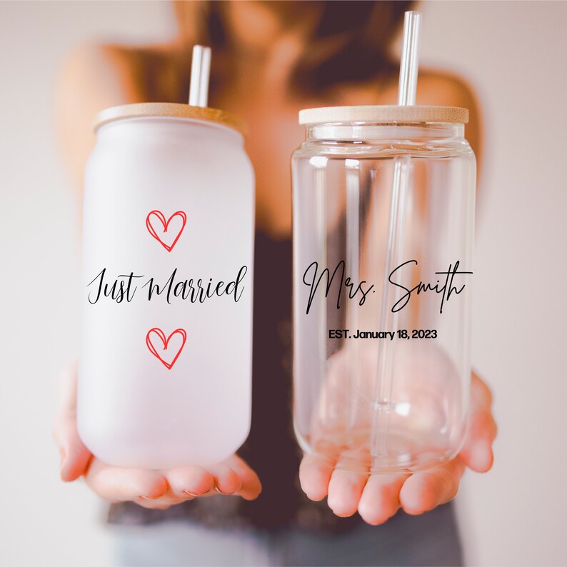 Future Mrs. Just Married Gift Custom Text Iced Coffee Glass Personalized Glass Tumbler Girls Trip Gift Custom Quote Mug Event Swag Personalizable Glass Unique Custom Mug