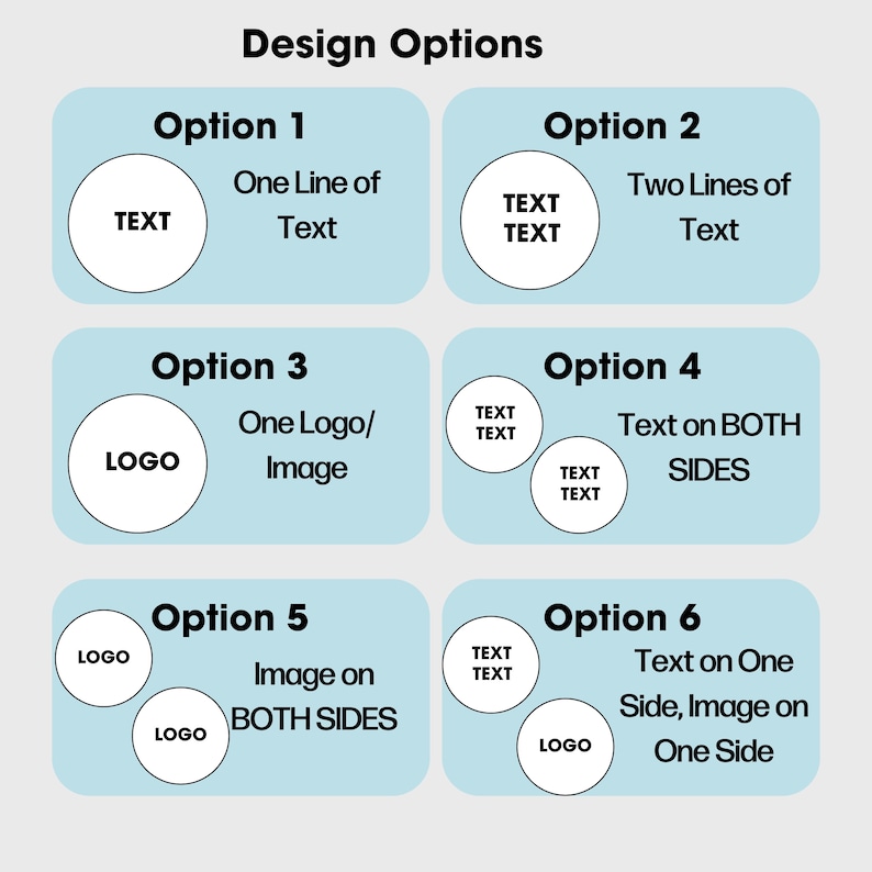 Puede incluir: Un gr&aacute;fico que muestra seis opciones de dise&ntilde;o. Cada opci&oacute;n est&aacute; en un rect&aacute;ngulo azul claro. Las opciones incluyen texto, logotipos e im&aacute;genes. El texto dice "Opciones de dise&ntilde;o", "Opci&oacute;n 1", "Opci&oacute;n 2", "Opci&oacute;n 3", "Opci&oacute;n 4", "Opci&oacute;n 5" y "Opci&oacute;n 6".