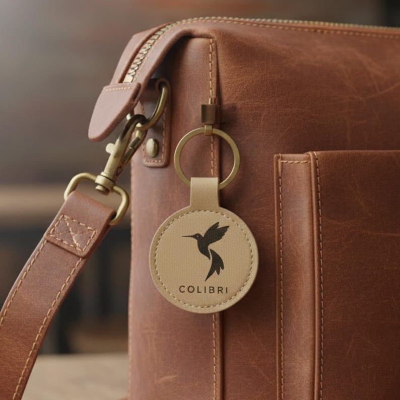 Puede incluir: Un bolso de cuero marr&oacute;n con cremallera y correa doradas. Un llavero redondo con el logotipo de un colibr&iacute; y la palabra "COLIBRI" est&aacute; sujeto al bolso.