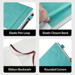 May include: A turquoise blue notebook with rounded corners, an elastic pen loop, an elastic closure band, and a brown ribbon bookmark.